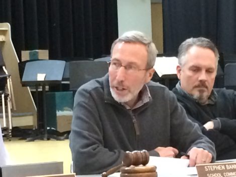 A divided School Committee: Berkshire Hills Regional School Committee Chair Stephen Bannon (left) would have preferred trimming the 2016 Berkshire Hills school budget to placate Great Barrington voters; Rich Bradway (to his left), representative from Stockbridge, favored retaining programs that might have been eliminated.