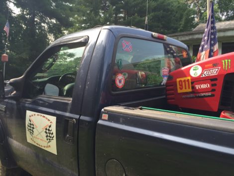 A small confederate flag on Dumont's truck is combined with American flags. Photo; Heather Bellow