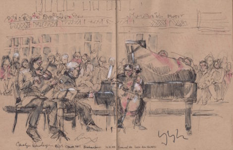 Violinist Leonidas Kavakos, cellist Yo Yo Ma, and pianist Emanuel Ax in a performance of Brahms piano trios at Ozawa Hall last August. Illustration: Carolyn Newberger