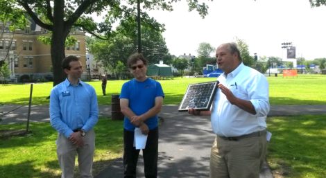 During a press conference on the Pittsfield Common Monday, July 20, environmental advocates called on the Massachusetts Legislature to lift the cap on net metering credits that make solar energy projects financially viable. From left, Ben Hellerstein, state director of Environment Masschusetts; Bruce Winn of the Berkshire Environmental Action Team, and Christopher Kilfoyle, president of Berkshire Photovoltaic Services.