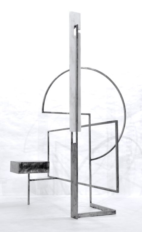 'New Kid,' stainless steel and marble sculpture by Joe Wheaton, part of Kabuki Series.