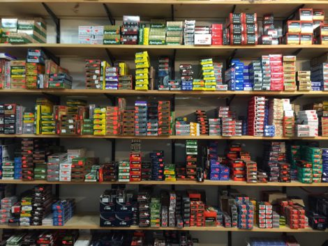 Neatly stacked boxes of ammunition at A & J Sporting Goods. Photo: Heather Bellow
