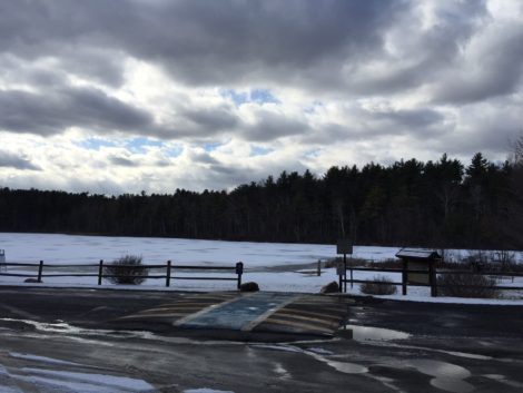 The beach and recreation area in winter. In the foreground is the crosswalk from the parking lot to the beach. Photo: Heather Bellow
