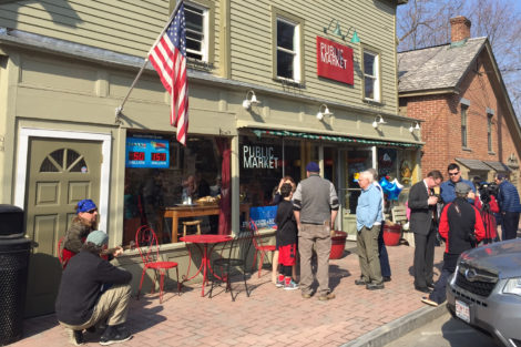 Well-wishers -- and the press -- gathered outside the Public Market in West Stockbridge for Andrea Harrington's announcement she is running for the state Senate.