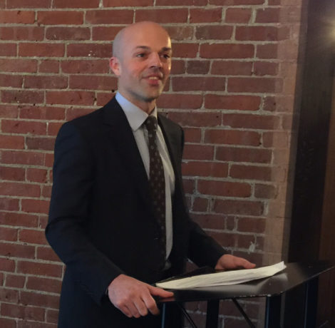 Adam Hinds at the Hotel North in Pittsfield, announcing his candidacy for the state Senate. Photo: Heather Bellow 