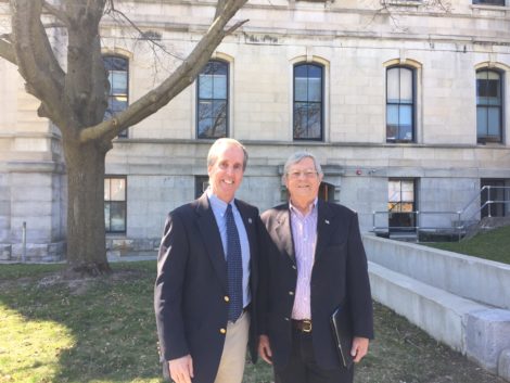State Rep. William Smitty Pignatelli, left, and Sandisfield resident Ron Bernard in front of Berkshire Superior Court. Photo; Heather Bellow