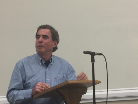 Chip Elitzer at the podium during the Selectboard discussion of the Special Town Meeting. Photo: Heather Bellow