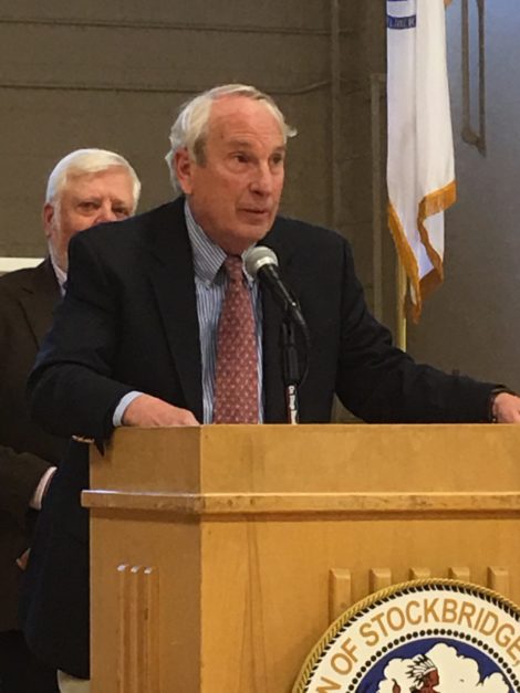 Select Board Chair Charles Gillett, with Town Moderator Gary Johnston behind him, disagreeing with Terry Flynn on the role of the Town Administrator. Photo: David Scribner