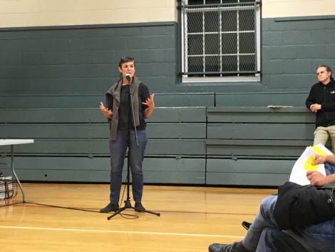 Nina Ryan, supporting a motion to limit authority of Town Administrator. To her left, standing against the wall, is Terry Flynn. Photo: David Scribner