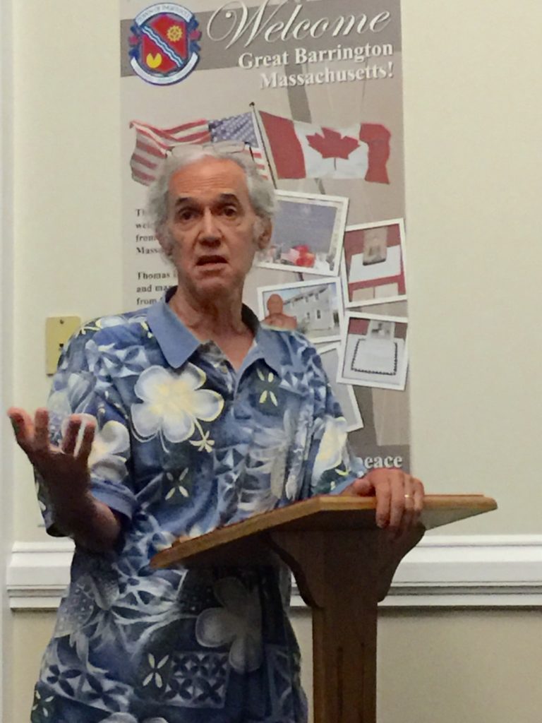 Nearby neighbor Mark Cohen tells Tim Geller he has "underplayed" what he says are the adverse effects of living close to the town's wastewater treatment plant. Photo: Heather Bellow.