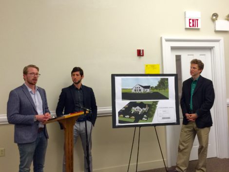 Consultant Brandon Pollock, Wellness Theory Inc President Nicholas Friedman, and CEO/CFO Brad Kayton ask the Great Barrington Selectboard for a letter of non opposition so they can proceed with plans to build and operate a medicinal marijuana dispensary on Stockbridge Road. PHOTO: Heather Bellow