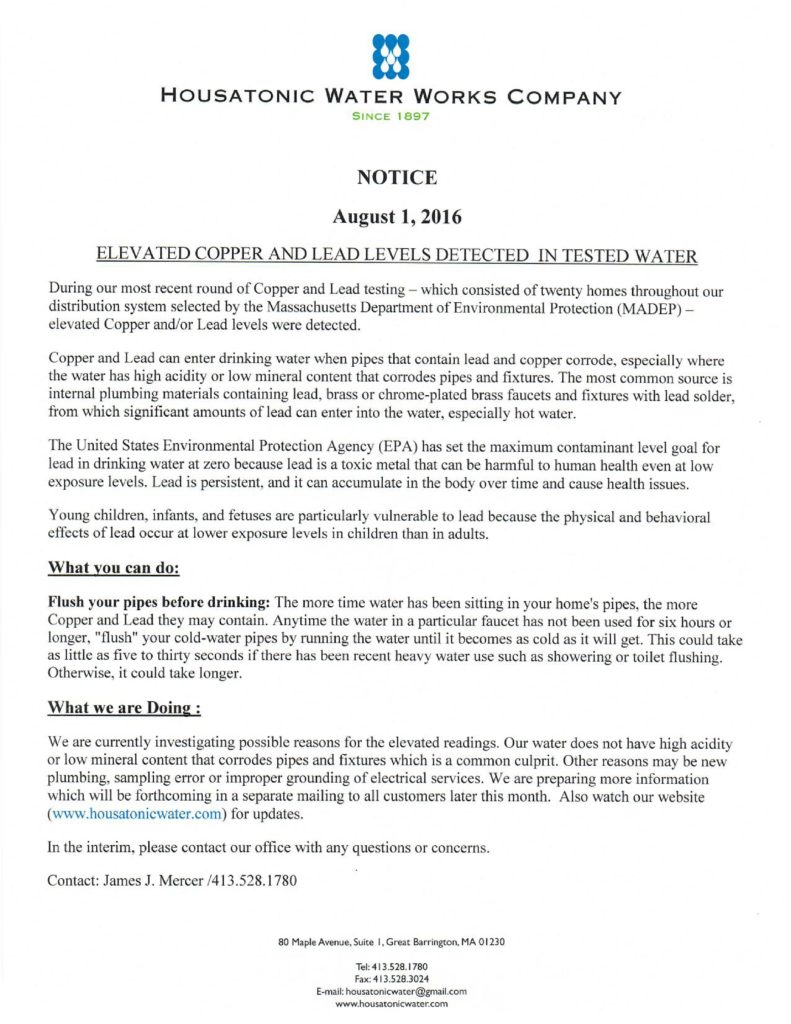 Housatonic Water Works lead levels