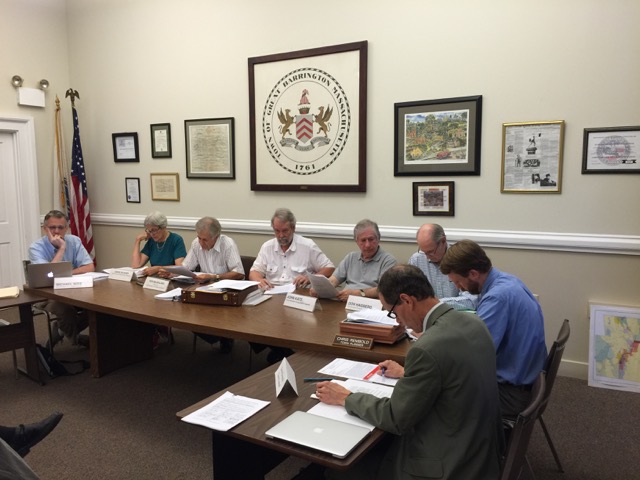 ZBA members from left: Michael Wise, Vice Chair Carolyn Ivory, Chair Ron Majdalany, Secretary Bernard Drew, Jon Katz, Don Hagberg. Town Planner Christoper Rembold sits next to town counsel David Doneski. Madonna Meagher was not present. Photo: Heather Bellow.