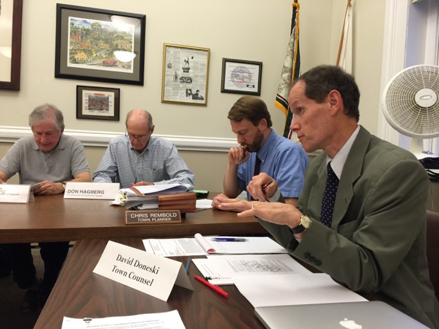Town attorney David Doneski speaks to language in the conditions. To his right: Town Planner Chris Rembold and ZBA members Don Hagberg and Jon Katz. Photo: Heather Bellow.