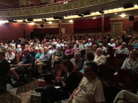 The crowd at the Mahaiwe Performing Arts Center for the Democratic candidates forum. More than 150 attended the event, making it the best attended so far of the debates between these candidates. Photo: Heather Bellow