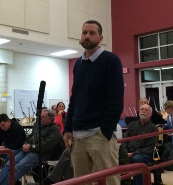 Kindergarten teacher Jack Curletti speaking at a school budget hearing last spring. Photo: Heather Bellow.