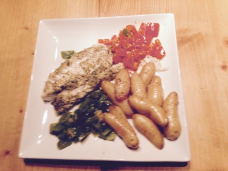 For his guest Warwick prepared this dish of cod, finger potatoes, and peppers. Photo: Laurily Epstein