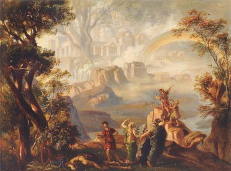 Painting by Josef Hoffmann: Das Rheingold, closing scene.