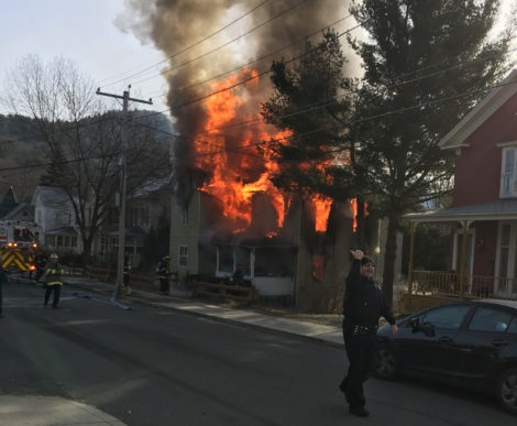 Great Barrington Firefighters and police arrived Sunday morning to find the house at 26 Dresser Avenue fully involved, after a fire in the structure the day before had thought to have been extinguished. Photo: Edge Staff