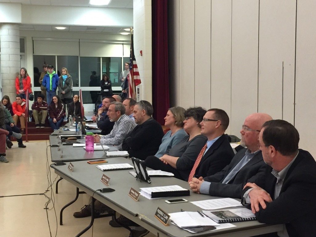 The Berkshire Hills School Committee at a budget hearing last year. The committee must now deal with legal fallout from sexual abuse allegations against former employee Scott Muir, who was acquitted of criminal charges in 2014. Photo: Heather Bellow