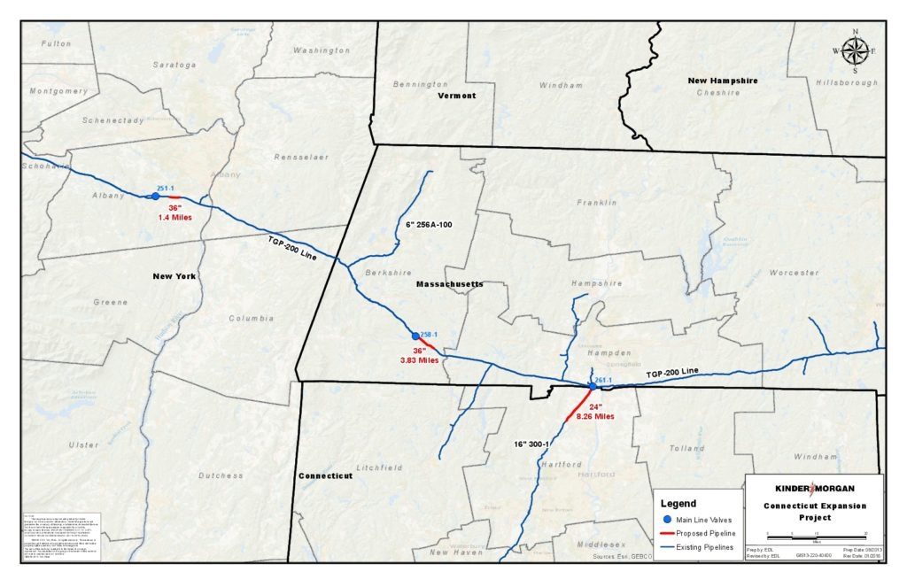 A map of the Connecticut Expansion Project pipeline proposed by Tennessee Gas Pipeline Co. New line(s) in red. The Sandisfield 'loop' is 3.83 miles of additional 36-inch pipe through Otis State Forest.