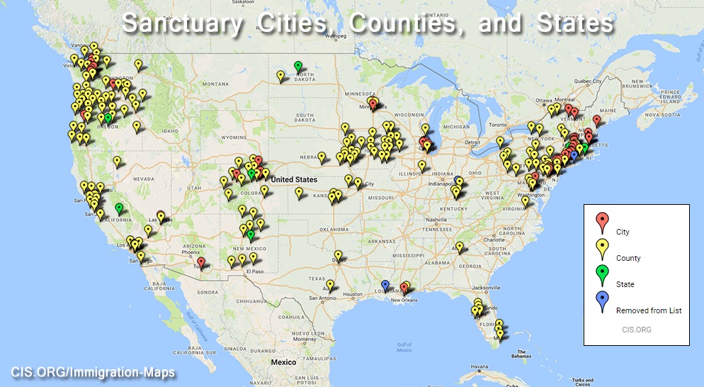 A map of the sanctuary cities and counties as of Jan. 26, 2017, that will defy attempts by President Donald Trump to use local police departments as surrogate immigration agents to identify and deport undocumented immigrants.