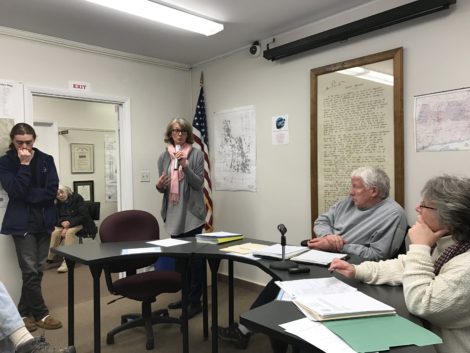 In Egremont, in a meeting devoted to multiple townwide broadband proposals, Board of Health Director and Sustainability Coordinator Juliette Haas addresses Egremont Selectmen Chairman Charlie Flynn and Mary Brazie.