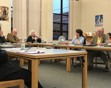 The Southern Berkshire Regional School Committee discusses its proposed budget at its April 27 meeting in Sheffield. From left, Superintendent David Hastings, Chairman Carl Stewart, and members Bonnie Silver, Marcella Bush and Dennis Sears. Photo: Terry Cowgill