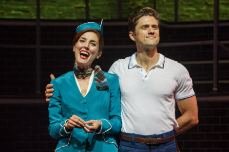 Mara Dave as April, the stewardess, with Aaron Teveit as Robert, in 'Company.'