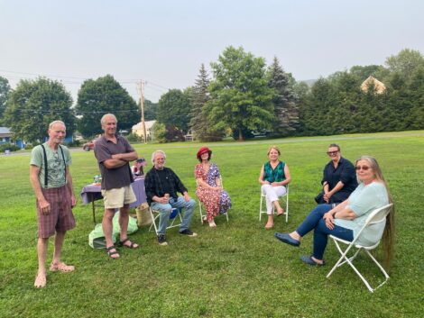 Kathleen Keresey, far right, waiting with friends in front of Town Hall for the results of the special election. Photo by Leslee Bassman. 