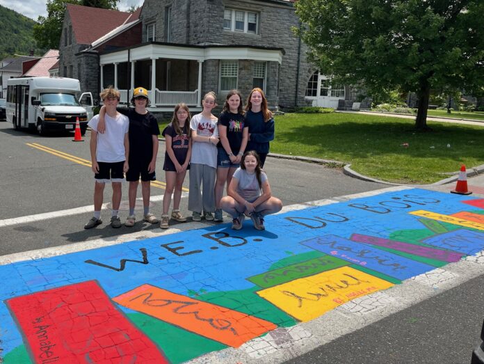 Students from W.E.B. Du Bois Regional Middle School in Great Barrington painted crosswalks surrounding Mason Library on Monday, June 2. Photo submitted.