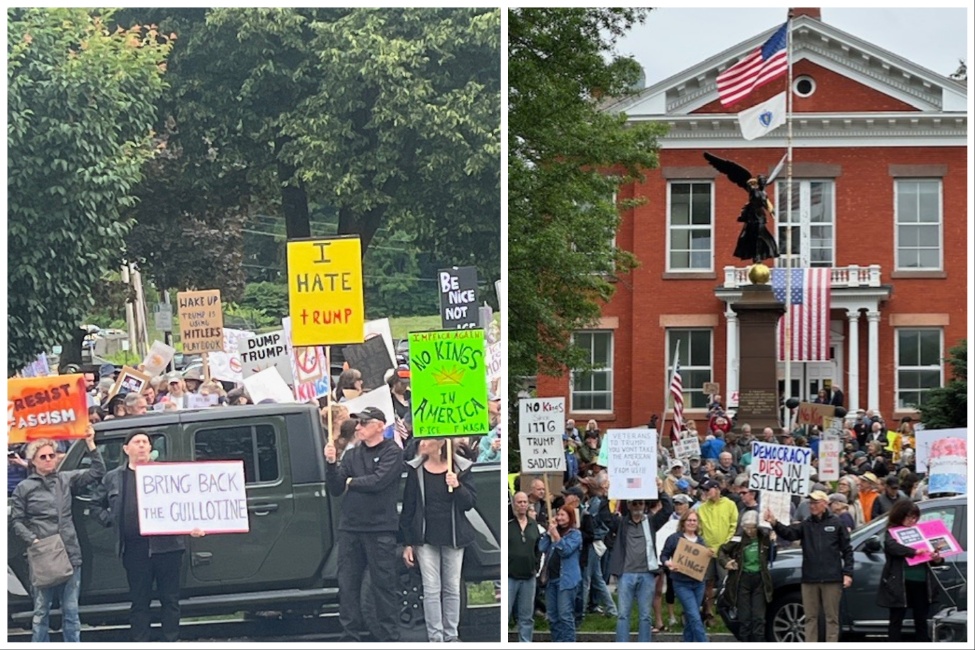 Protestors at the No King rally at Great Barrington Town Hall on Saturday, June 14. Left photo by Lorraine Abraham. Right photo by Honey Sharp.