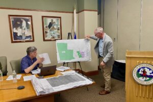 Stockbridge Select Board member Patrick White, shown here with Engineer Jim Scalise during last month's DeSisto project special permit hearing. Photo by Leslee Bassman.