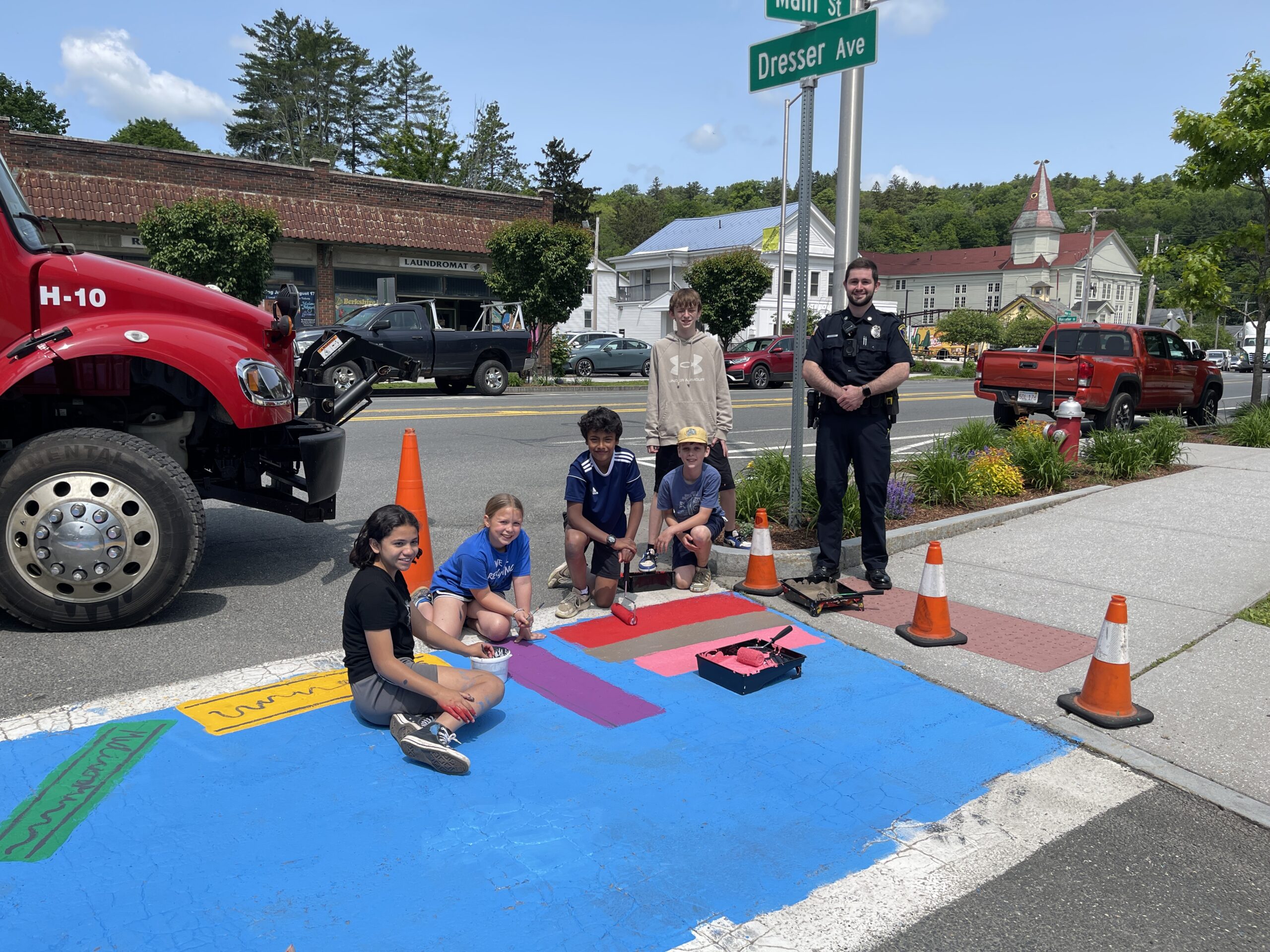 Students from W.E.B. Du Bois Regional Middle School working on painting a crosswalk on Main Street in Great Barrington near the Mason Library. Photo submitted.