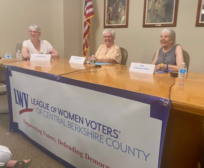 Lucy Kennedy (left), moderator of the Stockbridge Special Election Candidate Forum, outlines the event's protocol as candidates Jorja Marsden (center) and Sally Underwood Miller look on. Photo by Leslee Bassman.