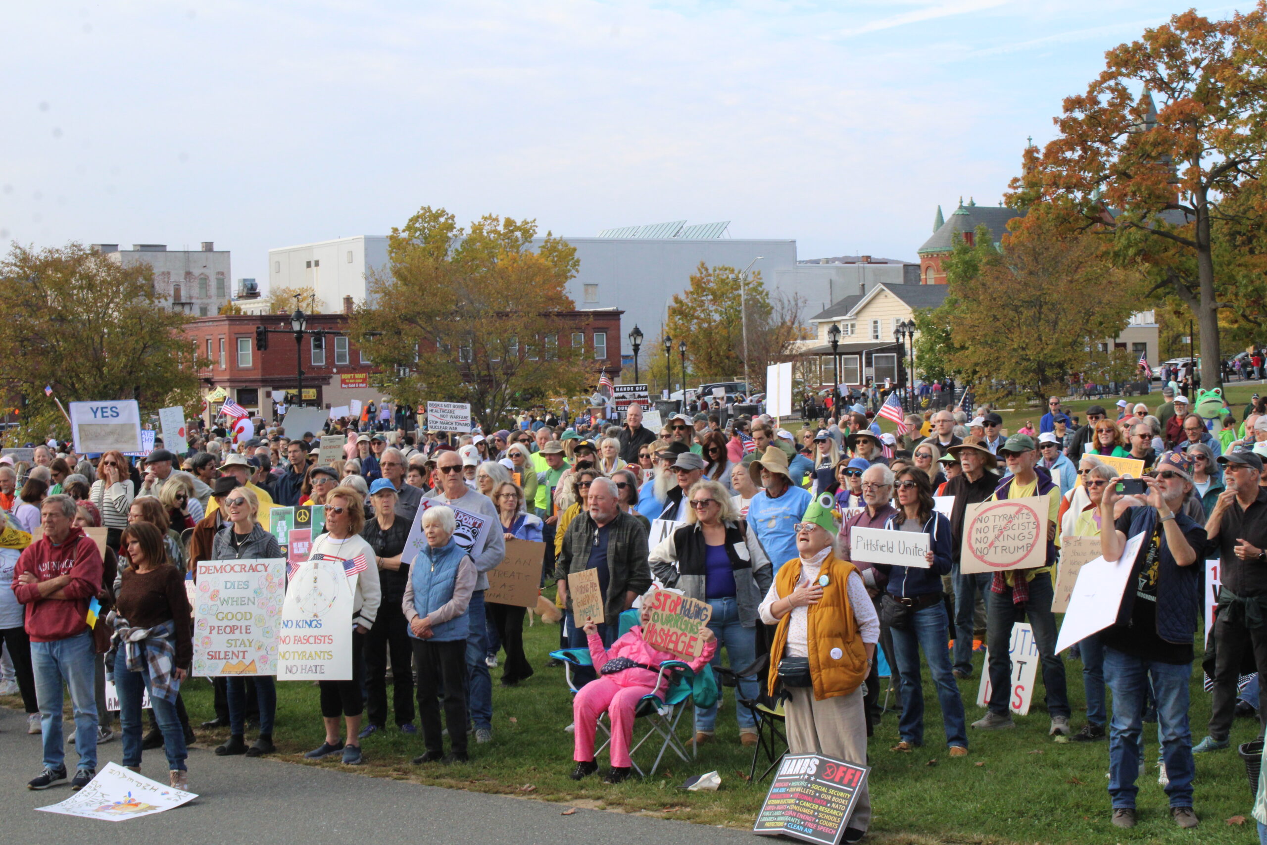 Some of the over 3,000 attendees of the No Kings Rally at The Common in Pittsfield on October 18. Photo by Shaw Israel Izikson.