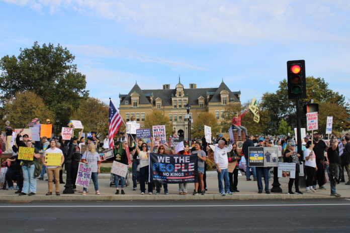 Hundreds of people lined up in front of The Common in Pittsfield on Saturday, October 18 for the No Kings rally against President Donald J. Trump. Photo by Shaw Israel Izikson.
