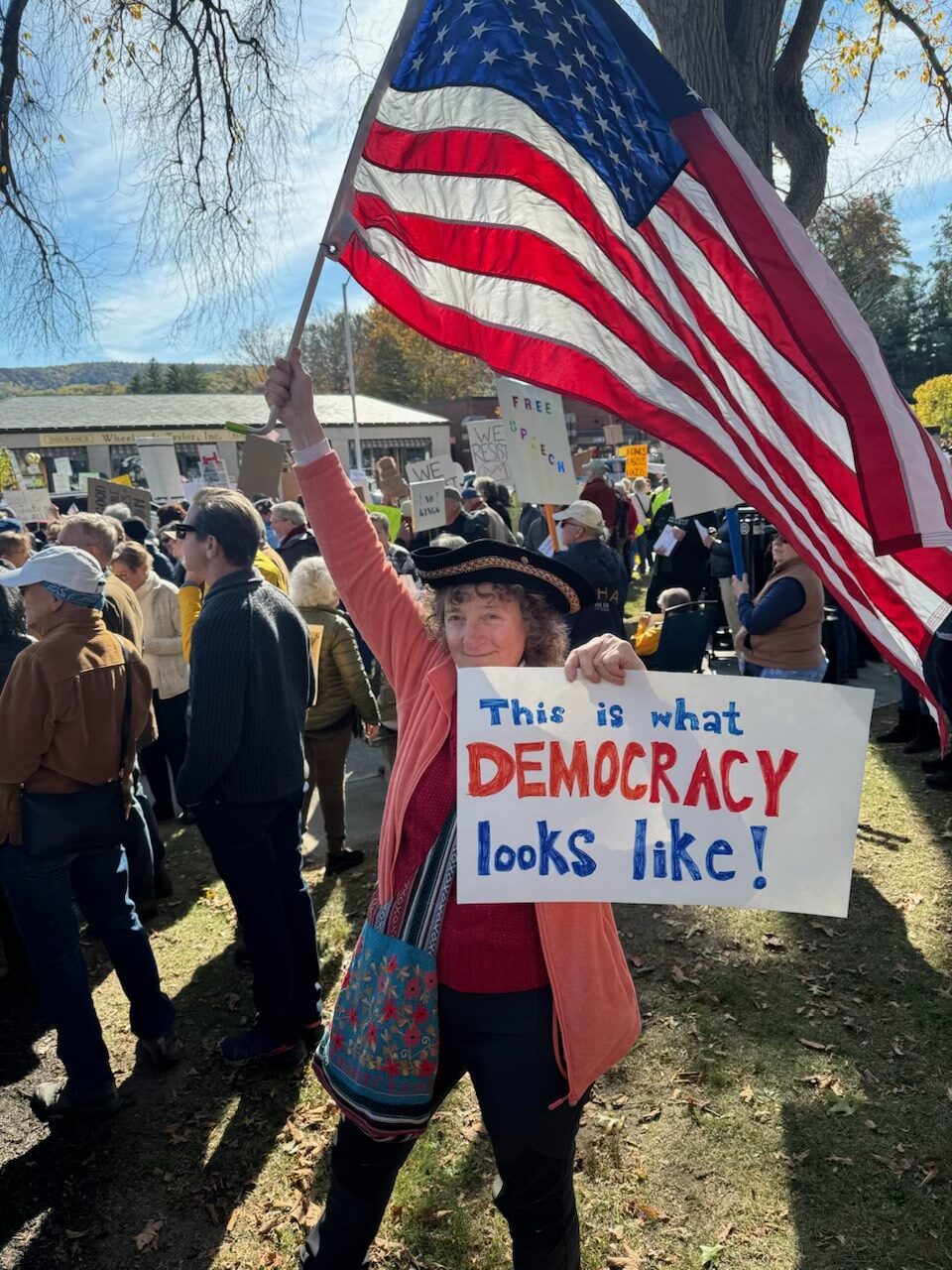 One of the many attendees of the No Kings rally at Great Barrington Town Hall. Photo by Jennifer Kane.